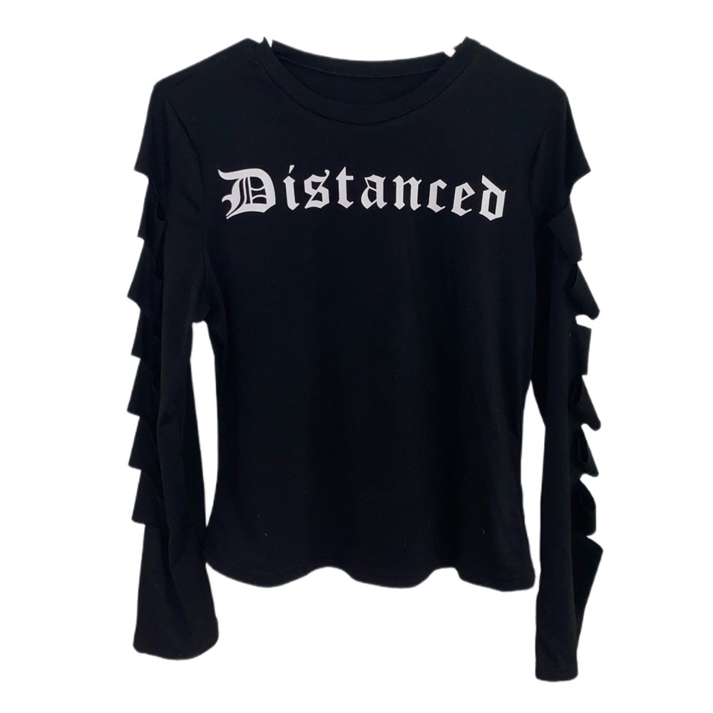 Fashion Nova Crop Top Black Calligraphy Ripped Split Cut-Out Long Sleeves Size S